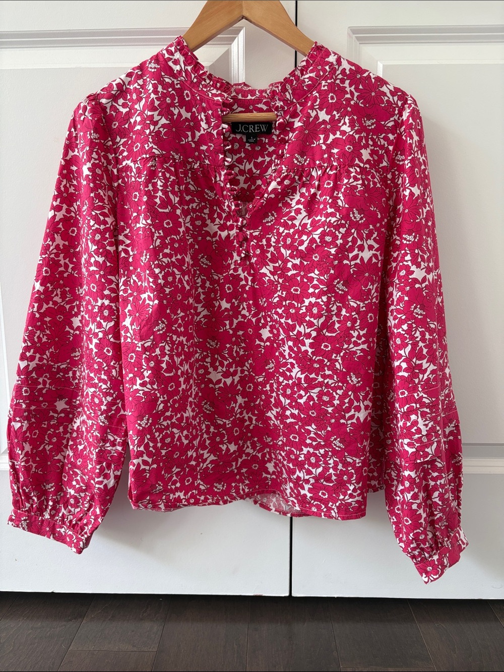 J. Crew Hot Pink and White Floral Split-Neck Blouse